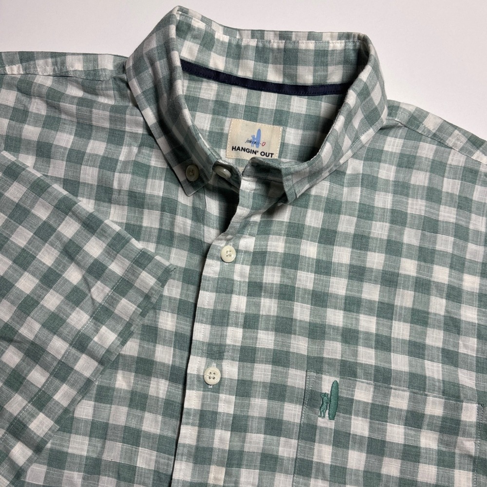 Johnnie-O Hangin Out Mens Large Green Gingham Short Sleeve Button Down Shirt